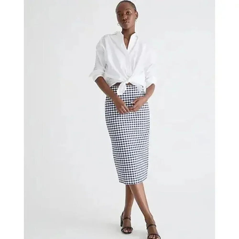 J Crew Petite No 3 Pencil Skirt NWT Bi-Stretch Midi Blue White Gingham Size 12P